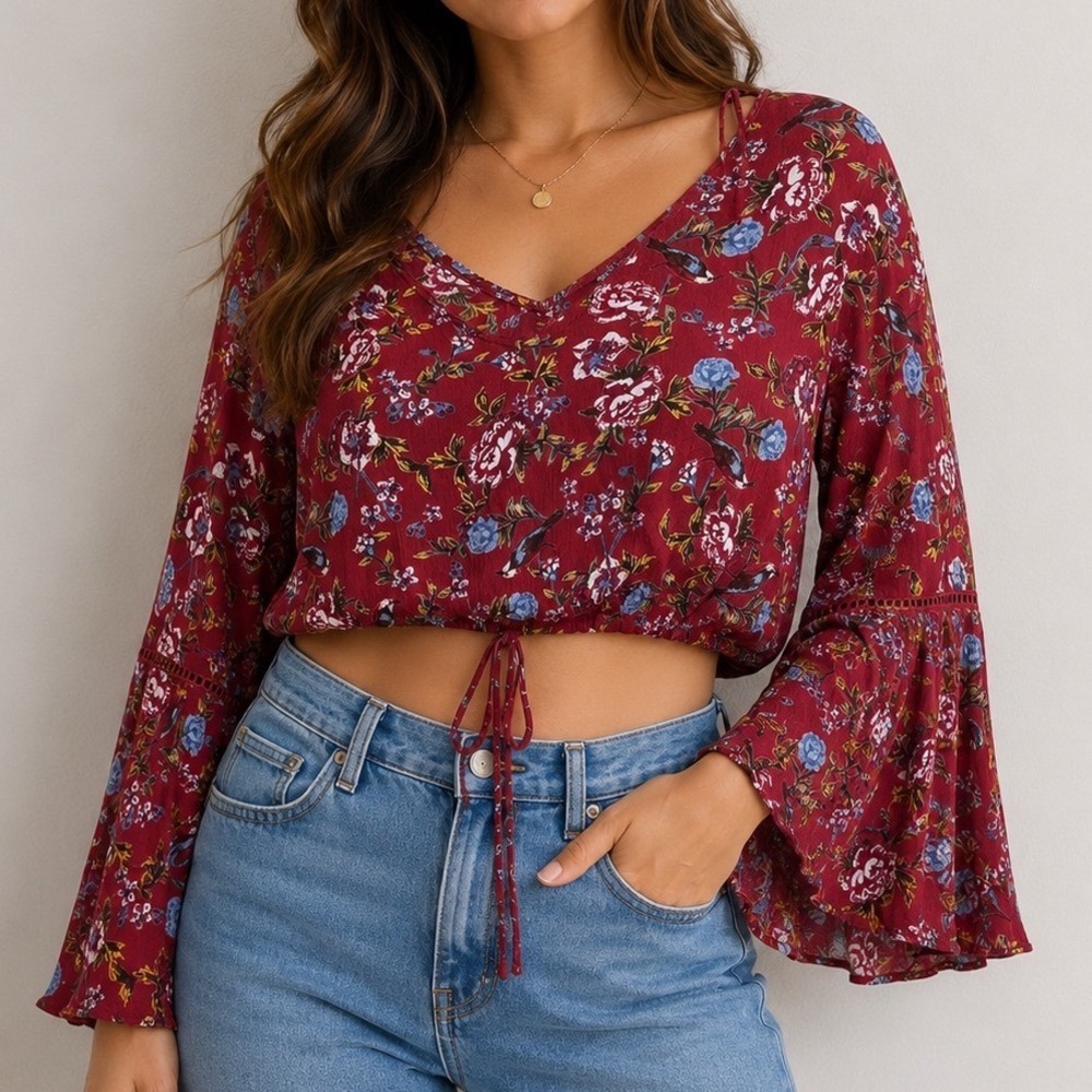 Angie Floral Boho Crop Top L Bell Sleeve Tie Front Rayon Cottagecore Festival